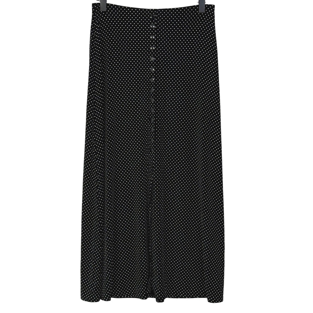 Vtg 90s Polka Dot Maxi Skirt Button Front sz MP slinky retro pin up cottagecore